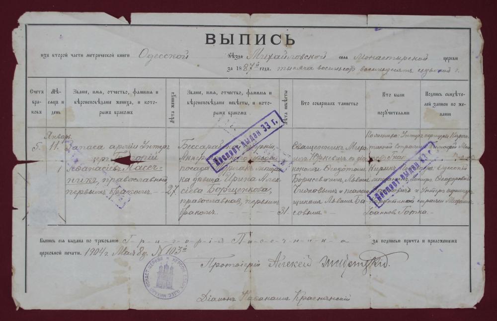 Marriage Church Certificate 1904 Russian Authentic Odessa Kortex2